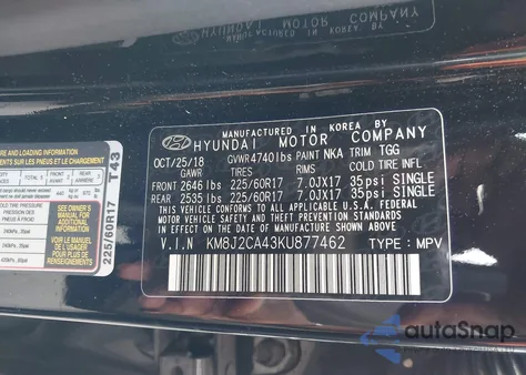 2019 Hyundai Tucson Se from USA, damaged, VIN KM8J2CA43KU877462